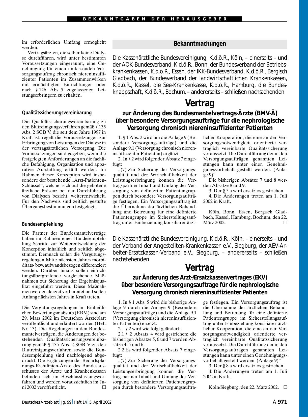 Vorschauseite 1: Vertrag zur Änderung des Bundesmantelvertrags-Ärzte (BMV-Ä) über besondere Versorgungsaufträge für die nephrologische Versorgung chronisch niereninsuffizienter Patienten
