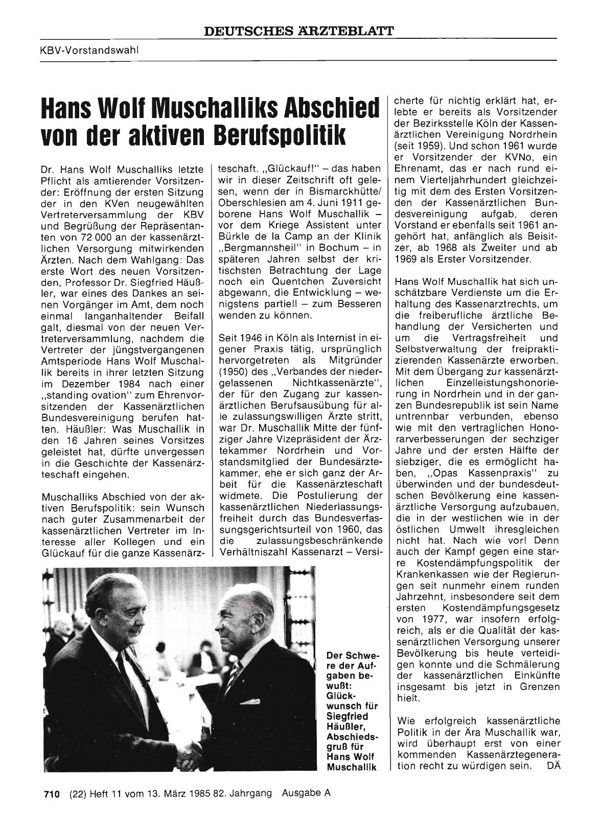 Vorschauseite 1: Hans Wolf Muschalliks Abschied von der aktiven Berufspolitik