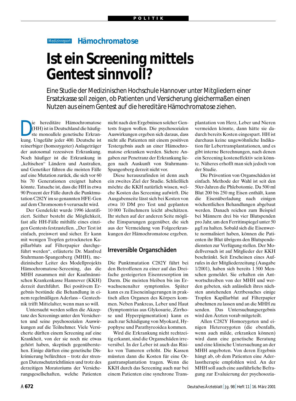 Vorschauseite 1: Hämochromatose: Ist ein Screening mittels Gentest sinnvoll?