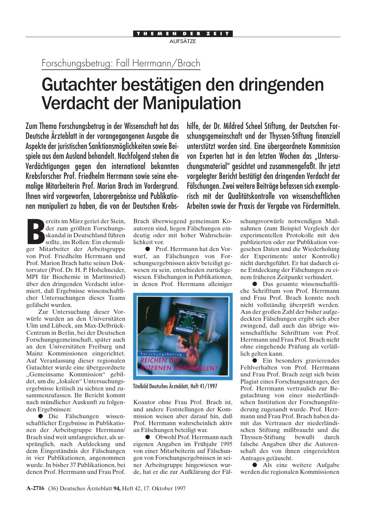 Vorschauseite 1: Forschungsbetrug – Fall Herrmann/Brach: Gutachter bestätigen den dringenden Verdacht der Manipulation