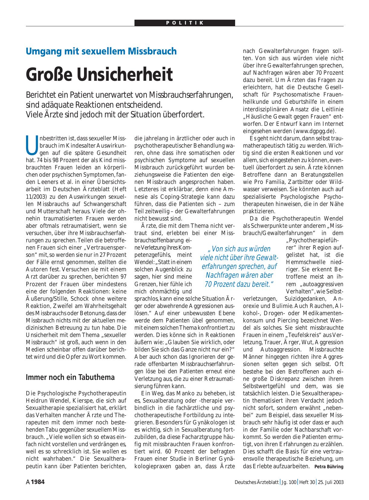 Vorschauseite 1: Umgang mit sexuellem Missbrauch: Große Unsicherheit
