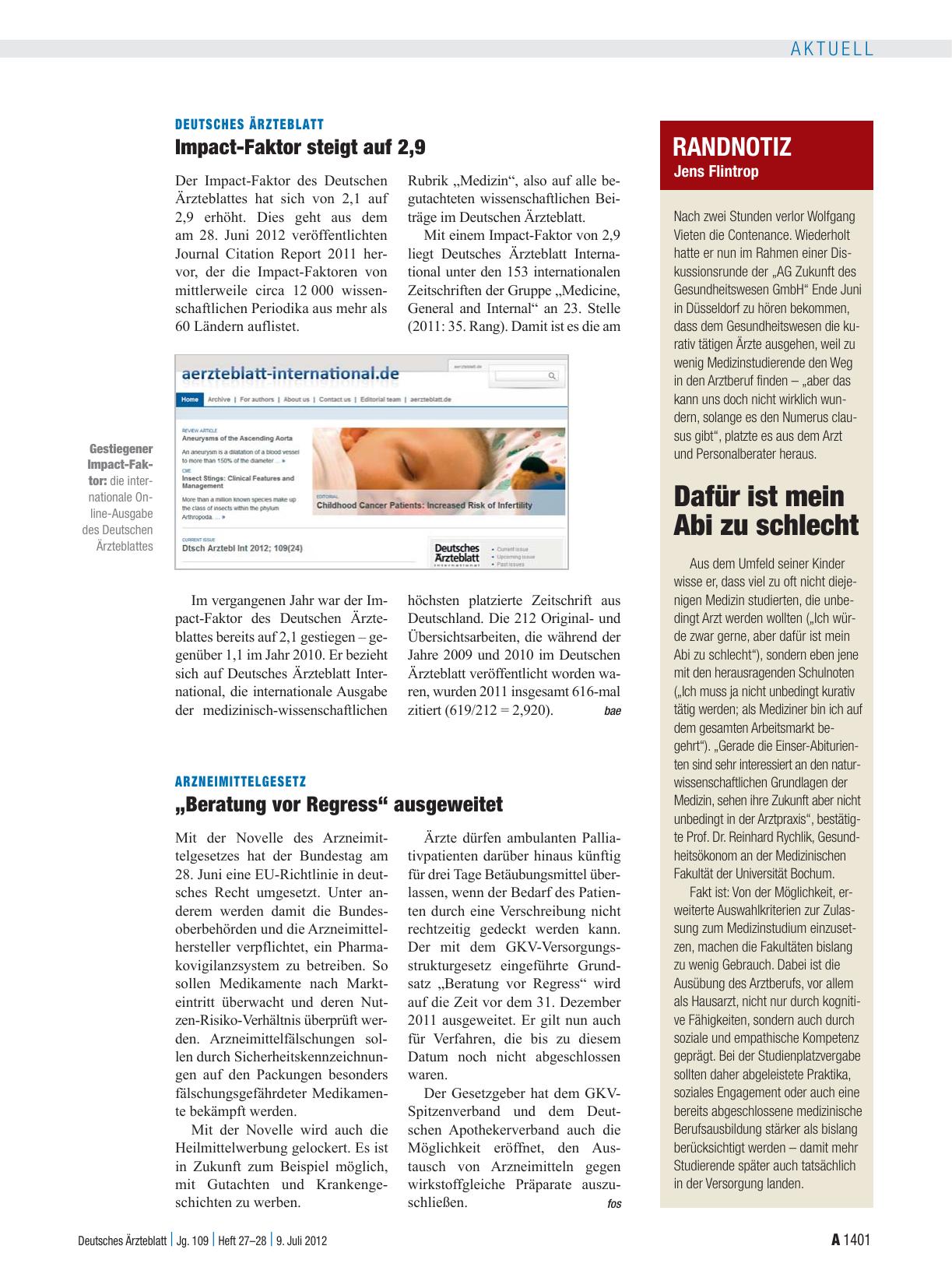 Vorschauseite 1: Deutsches Ärzteblatt: Impact-Faktor steigt auf 2, 9