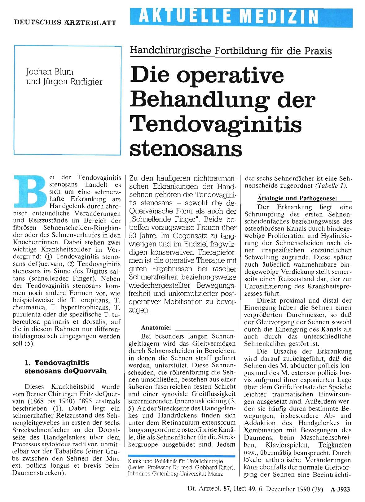 Vorschauseite 1: Handchirurgische Fortbildung für die Praxis: Die operative Behandlung der Tendovaginitis stenosans
