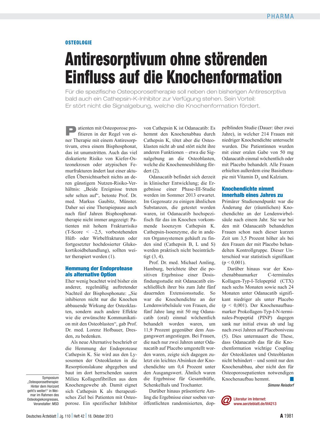 Vorschauseite 1: Osteologie: Antiresorptivum ohne störenden Einfluss auf die Knochenformation