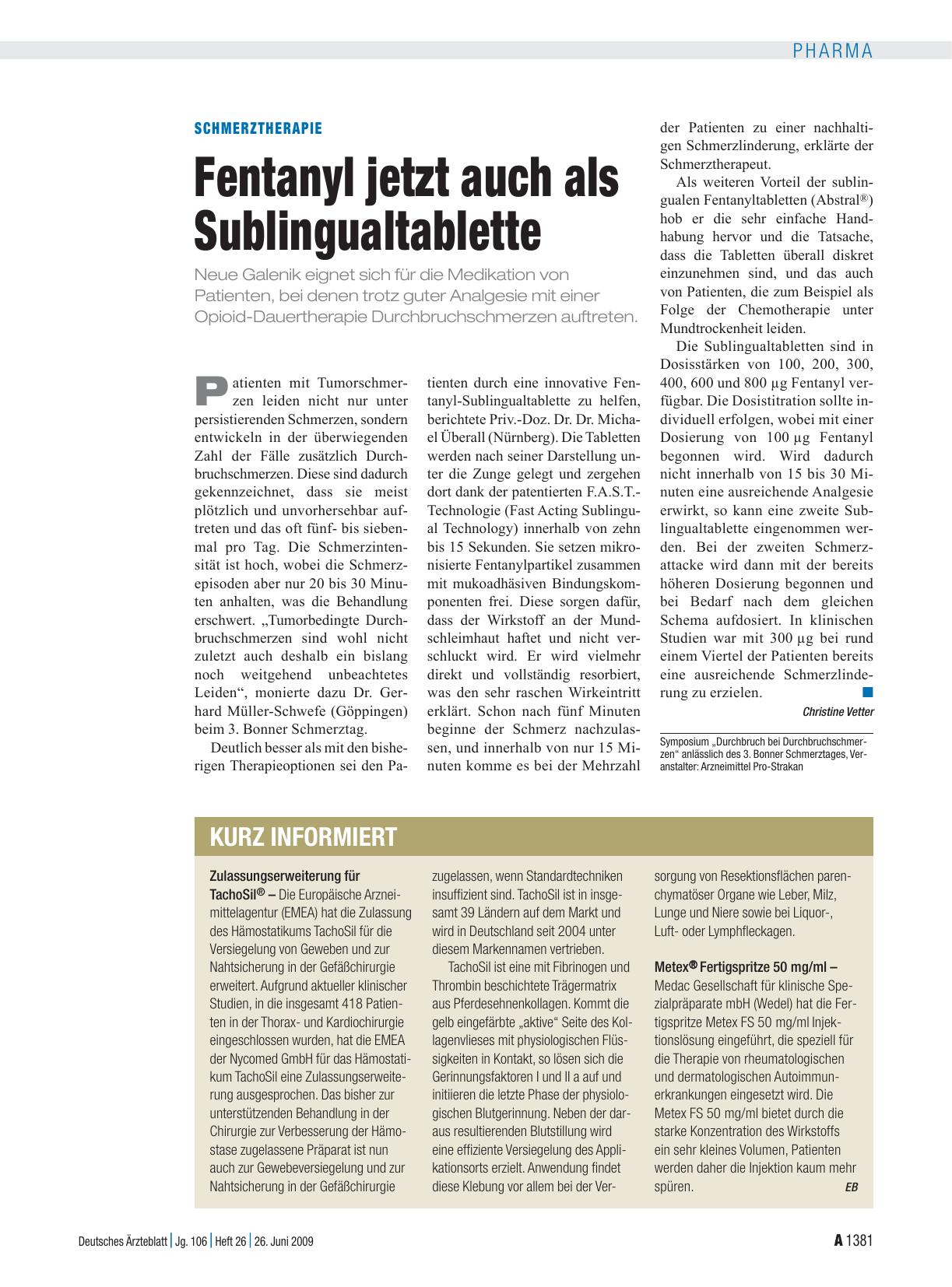 Vorschauseite 1: Schmerztherapie: Fentanyl jetzt auch als Sublingualtablette