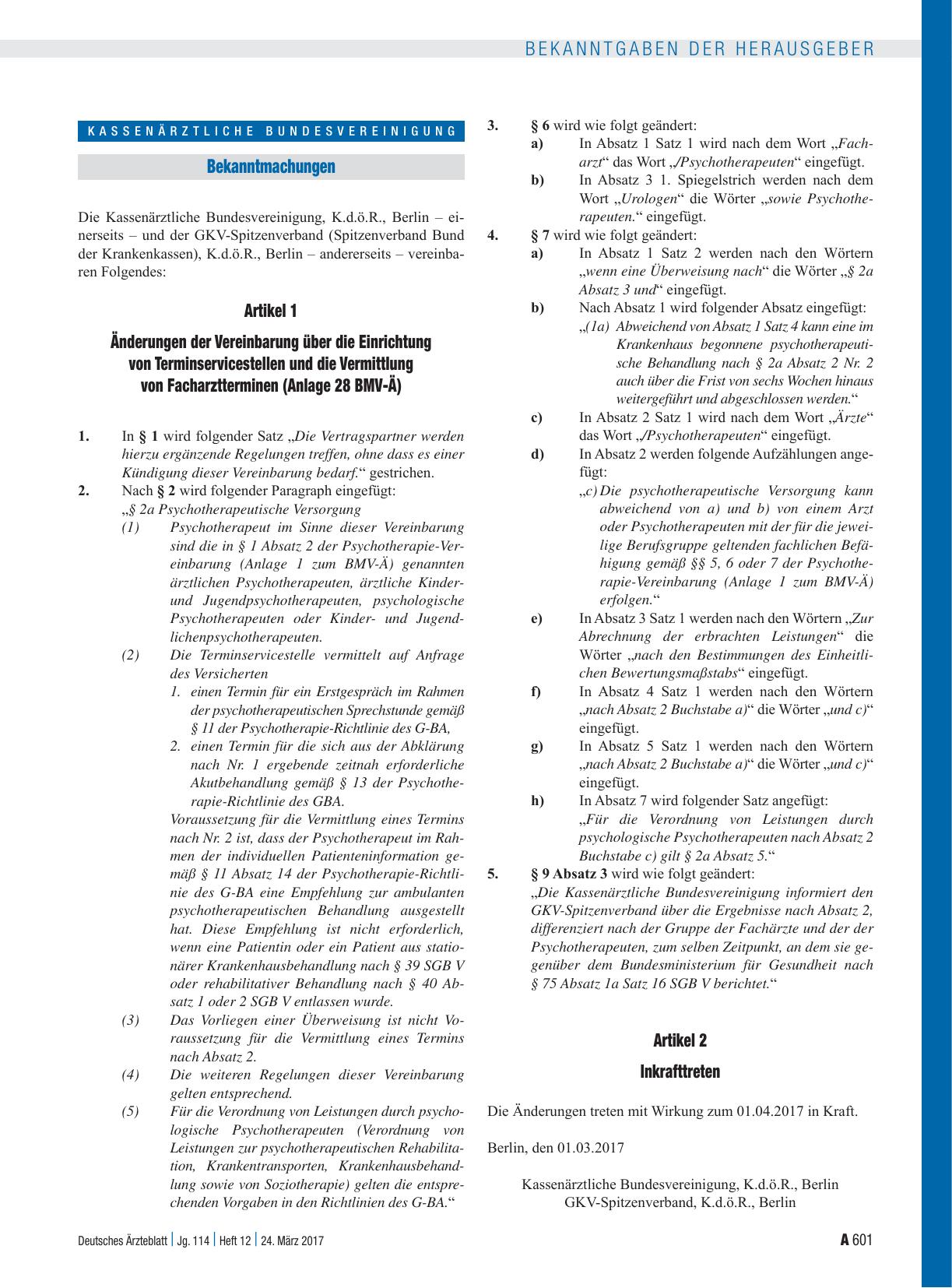 Vorschauseite 1: Artikel 1 – Änderungen der Vereinbarung über die Einrichtung von Terminservicestellen und die Vermittlung von Facharztterminen (Anlage 28 BMV-Ä) und Artikel 2 – Inkrafttreten