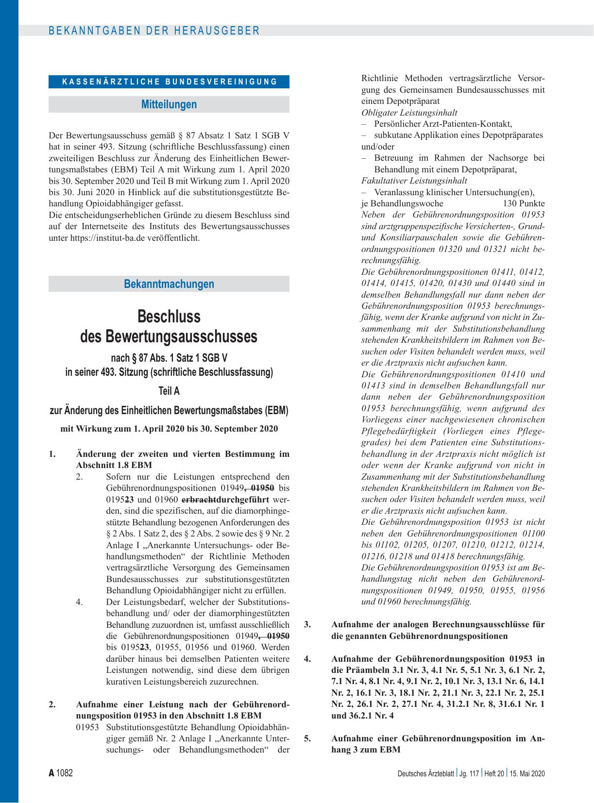 Vorschauseite 1: Beschluss des Bewertungsausschusses nach § 87 Abs. 1 Satz 1 SGB V in seiner 493. Sitzung (schriftliche Beschlussfassung) zur Änderung des Einheitlichen Bewertungsmaßstabes (EBM)