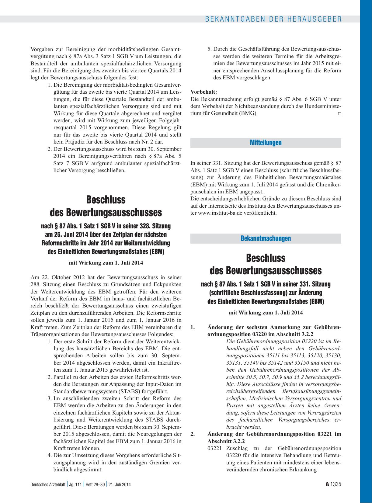 Vorschauseite 1: Beschluss des Bewertungsausschusses nach § 87 Abs. 1 Satz 1 SGB V in seiner 328. Sitzung am 25. Juni 2014 über den Zeitplan der nächsten Reformschritte im Jahr 2014 zur Weiterentw…