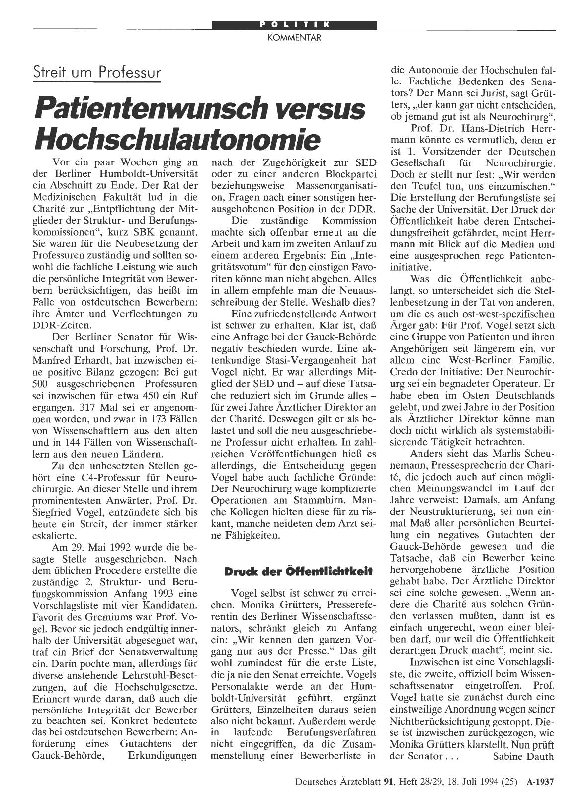 Vorschauseite 1: Streit um Professur: Patientenwunsch versus Hochschulautonomie