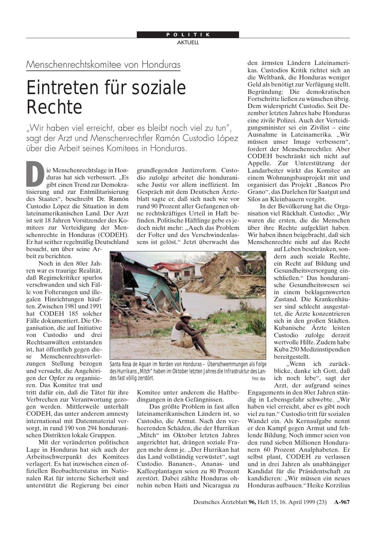 Vorschauseite 1: Menschenrechtskomitee von Honduras: Eintreten für soziale Rechte