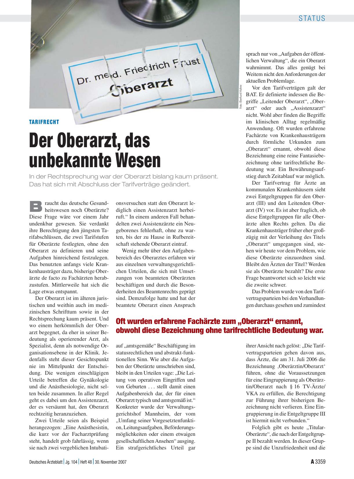 Vorschauseite 1: Tarifrecht: Der Oberarzt, das unbekannte Wesen
