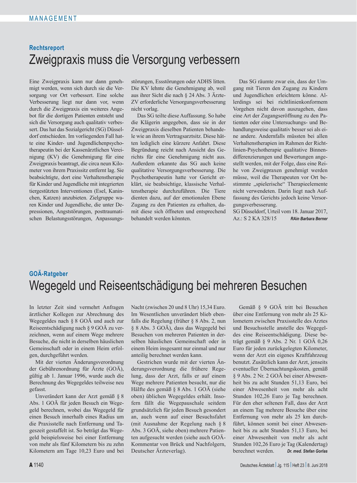Vorschauseite 1: Rechtsreport: Zweigpraxis muss die Versorgung verbessern
