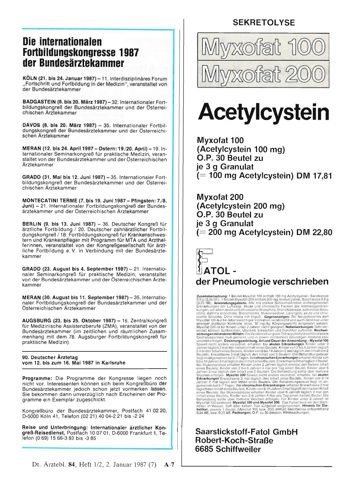 Vorschauseite 1: Die internationalen Fortbildungskongresse 1987 der Bundesärztekammer