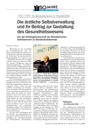 Vorschauseite 1: 1947/1997 – Bundesärztekammer im Wandel (XVII): Die ärztliche Selbstverwaltung und ihr Beitrag zur Gestaltung des Gesundheitswesens Von der Arbeitsgemeinschaft der Westdeutschen Ä…