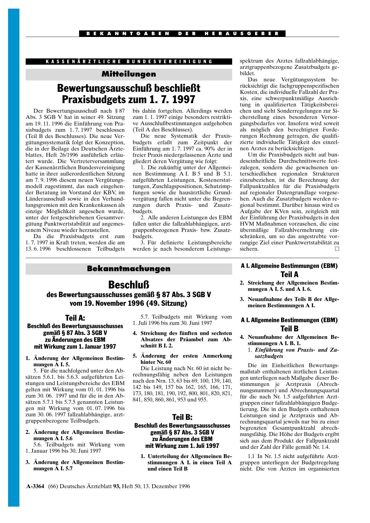 Vorschauseite 1: Mitteilungen: Bewertungsausschuß beschließt Praxisbudgets zum 1. 7. 1997