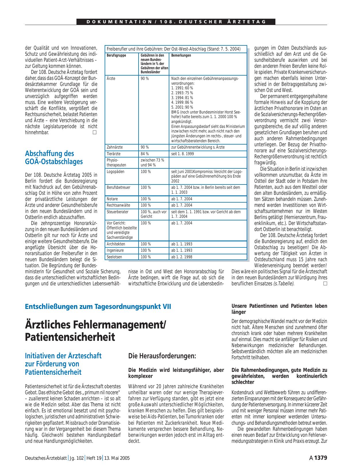 Vorschauseite 1: Entschließungen zum Tagesordnungspunkt VII: Ärztliches Fehlermanagement/Patientensicherheit