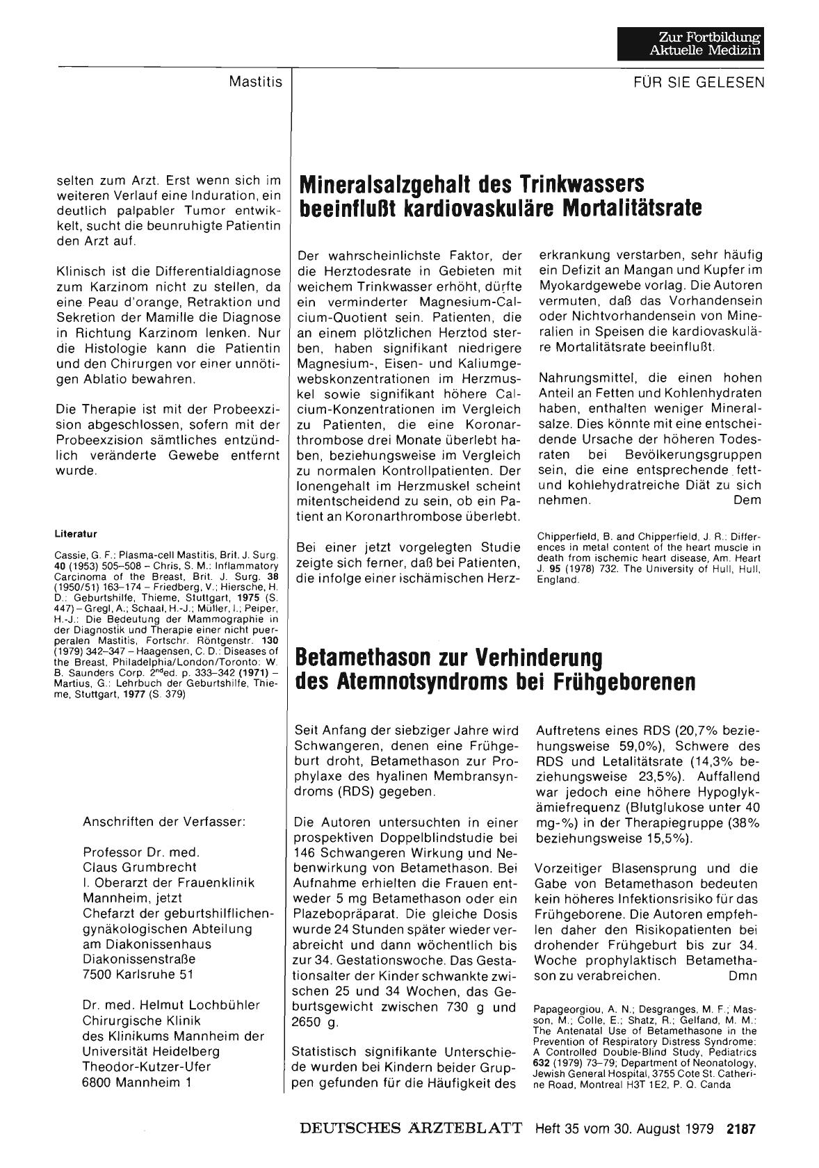Vorschauseite 1: Mineralsalzgehalt des Trinkwassers beeinflußt kardiovaskuläre Mortalitätsrate