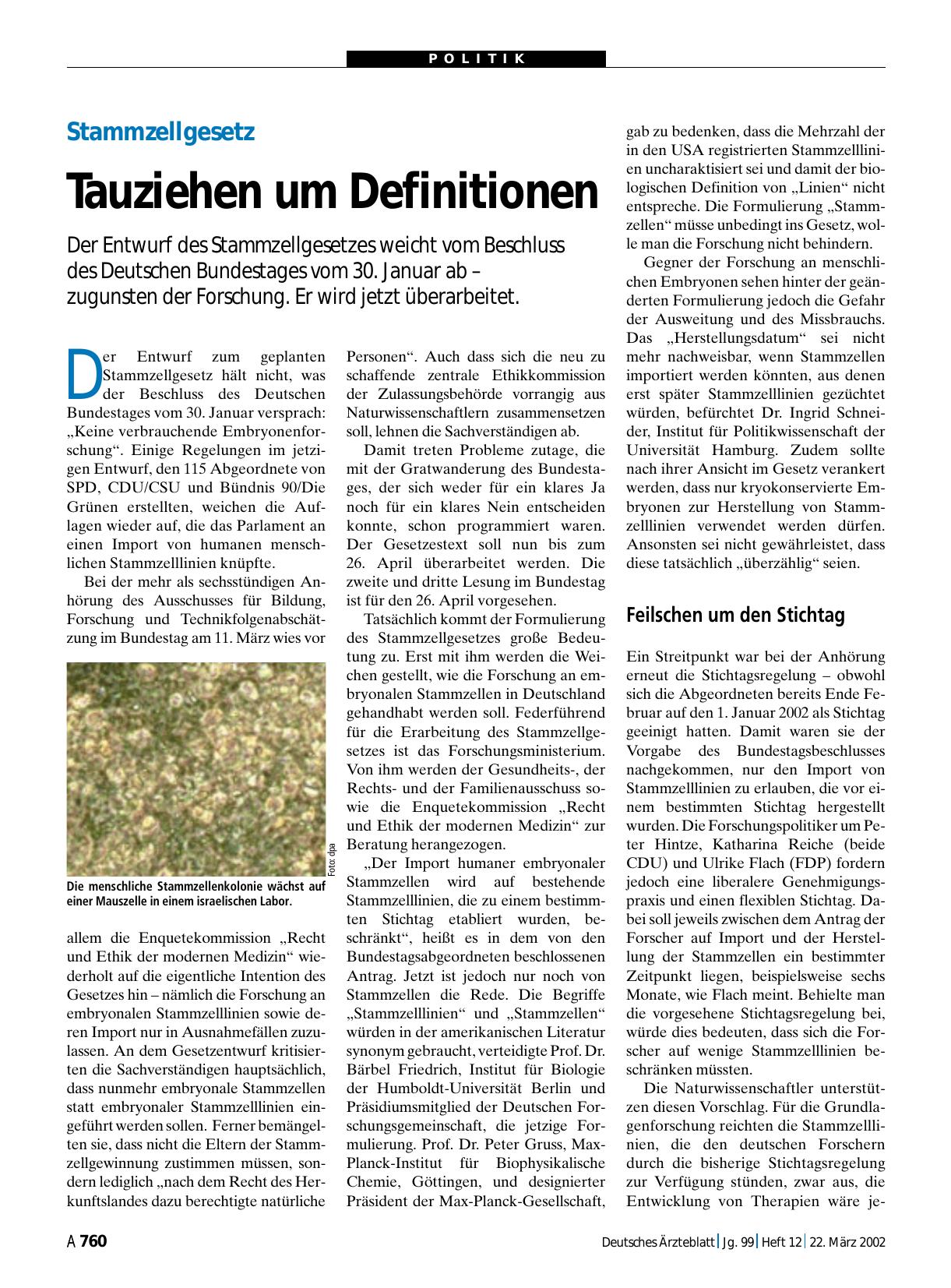 Vorschauseite 1: Stammzellgesetz: Tauziehen um Definitionen
