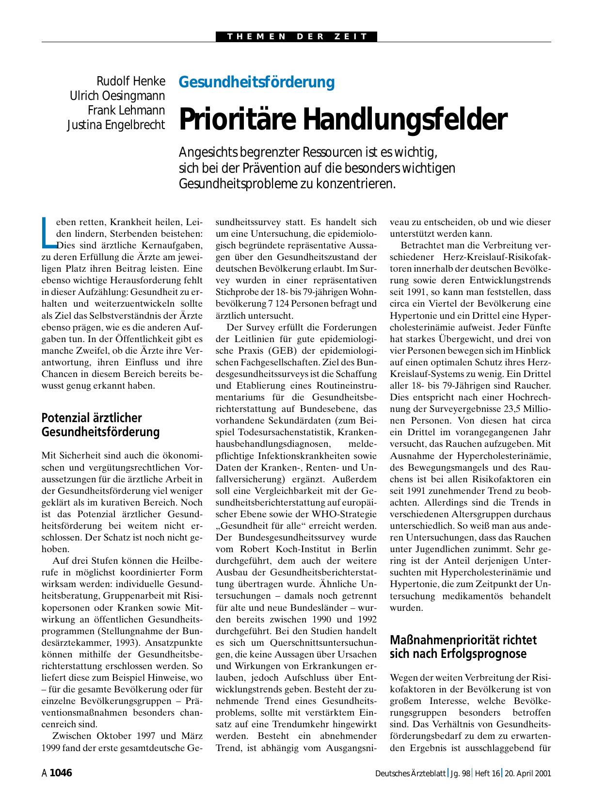 Vorschauseite 1: Gesundheitsförderung: Prioritäre Handlungsfelder