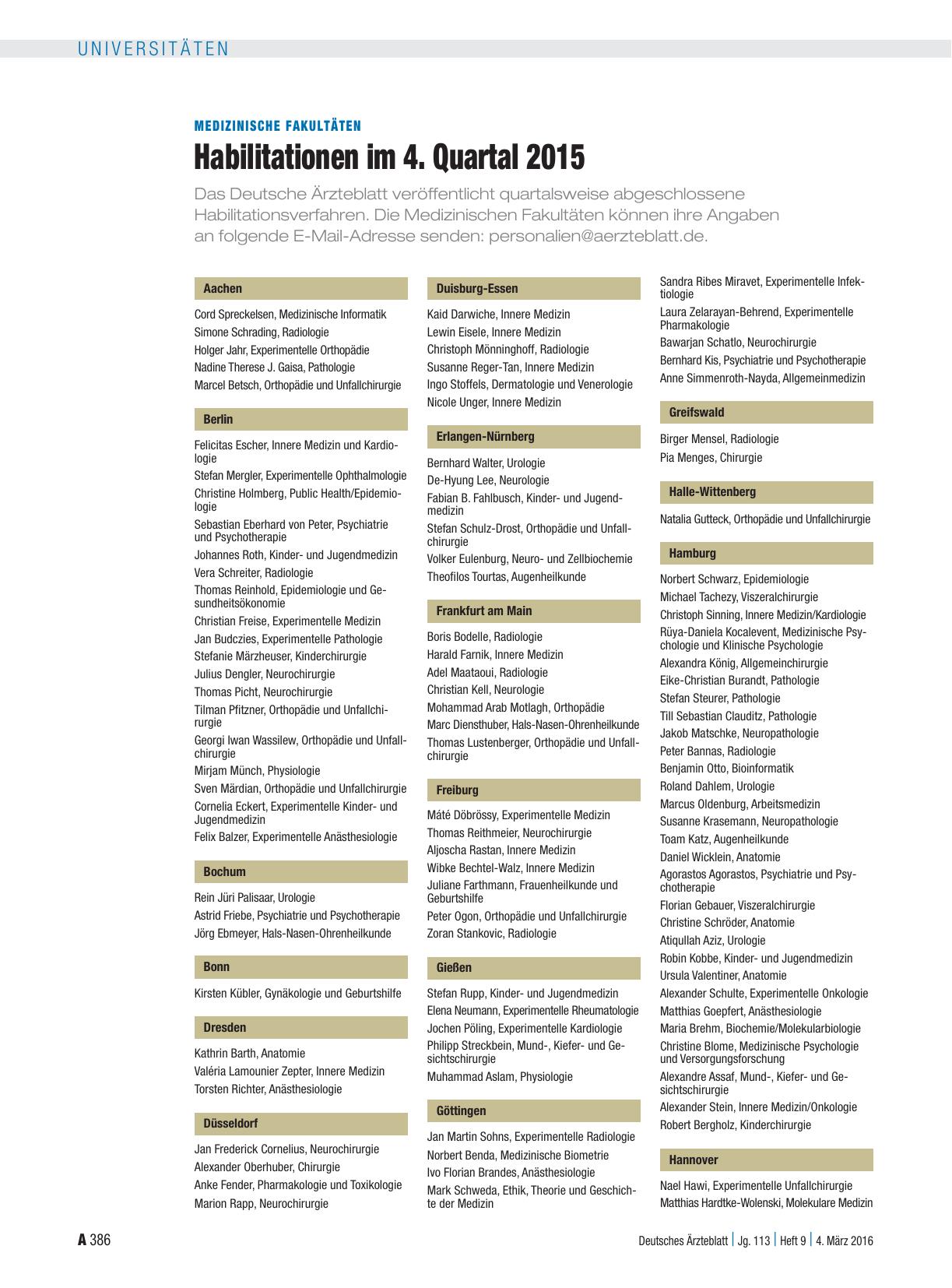 Vorschauseite 1: Medizinische Fakultäten: Habilitationen im 4. Quartal 2015