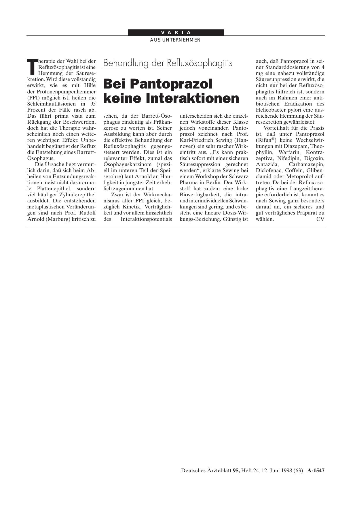 Vorschauseite 1: Behandlung der Refluxösophagitis: Bei Pantoprazol keine Interaktionen