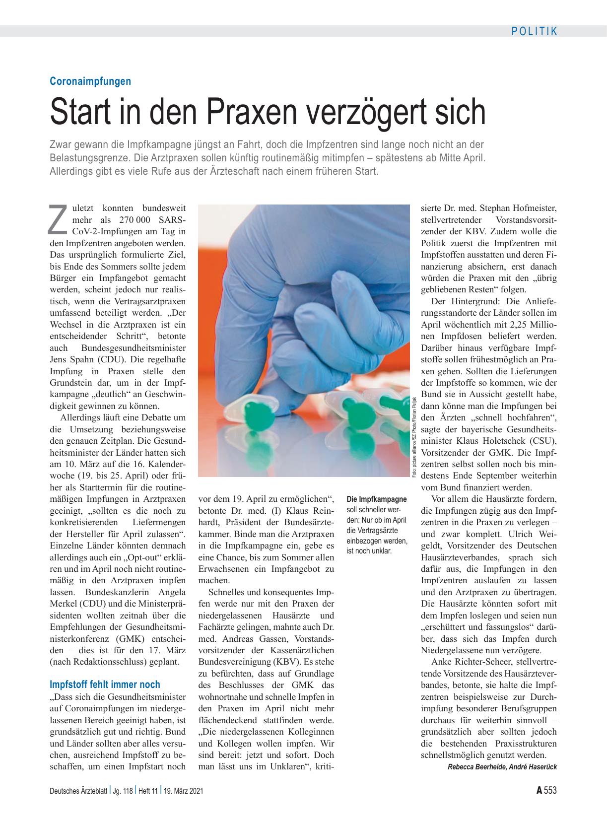 Vorschauseite 1: Coronaimpfungen: Start in den Praxen verzögert sich