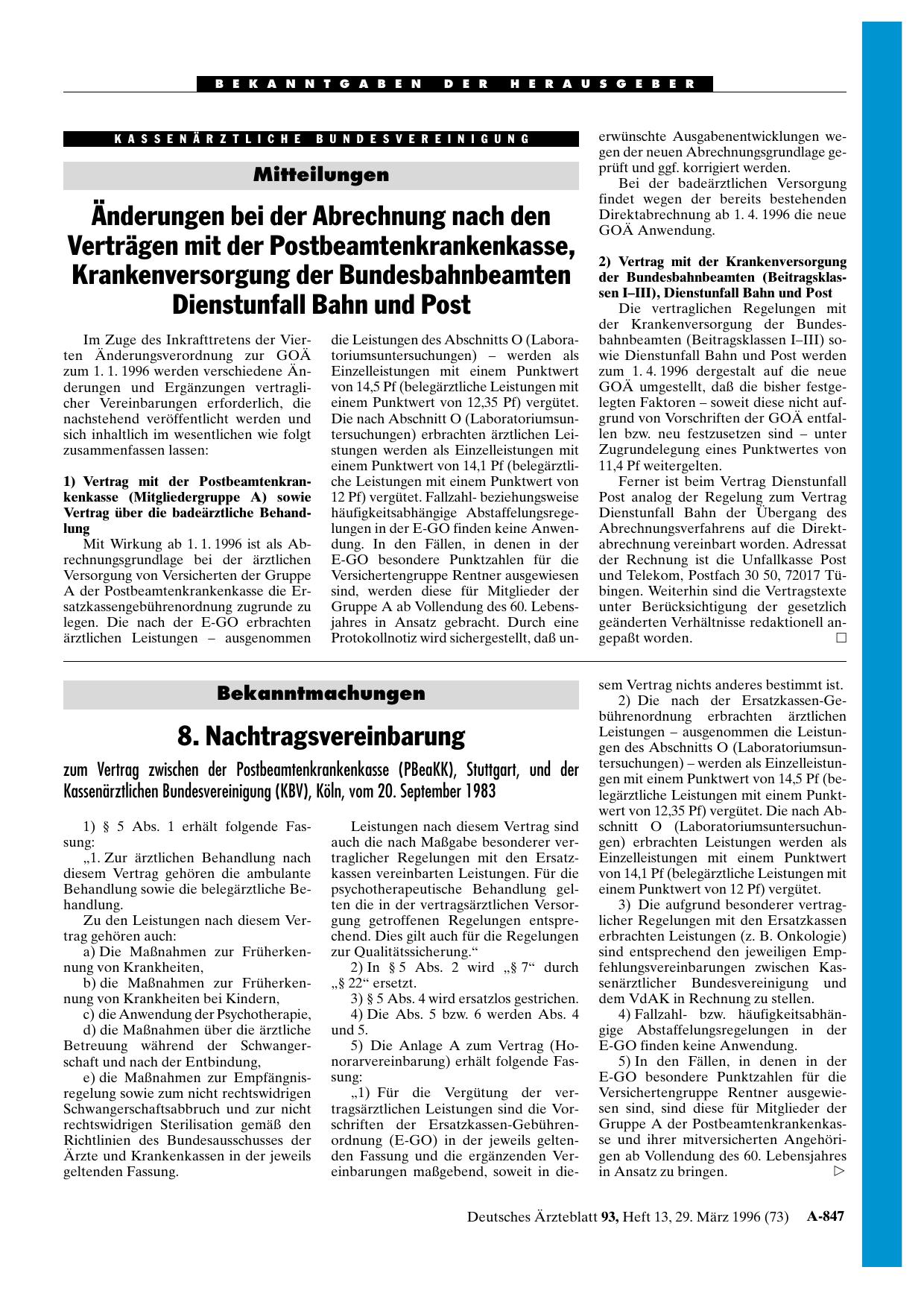 Vorschauseite 1: Mitteilungen: Änderungen bei der Abrechnung nach den Verträgen mit der Postbeamtenkrankenkasse, Krankenversorgung der Bundesbahnbeamten Dienstunfall Bahn und Post