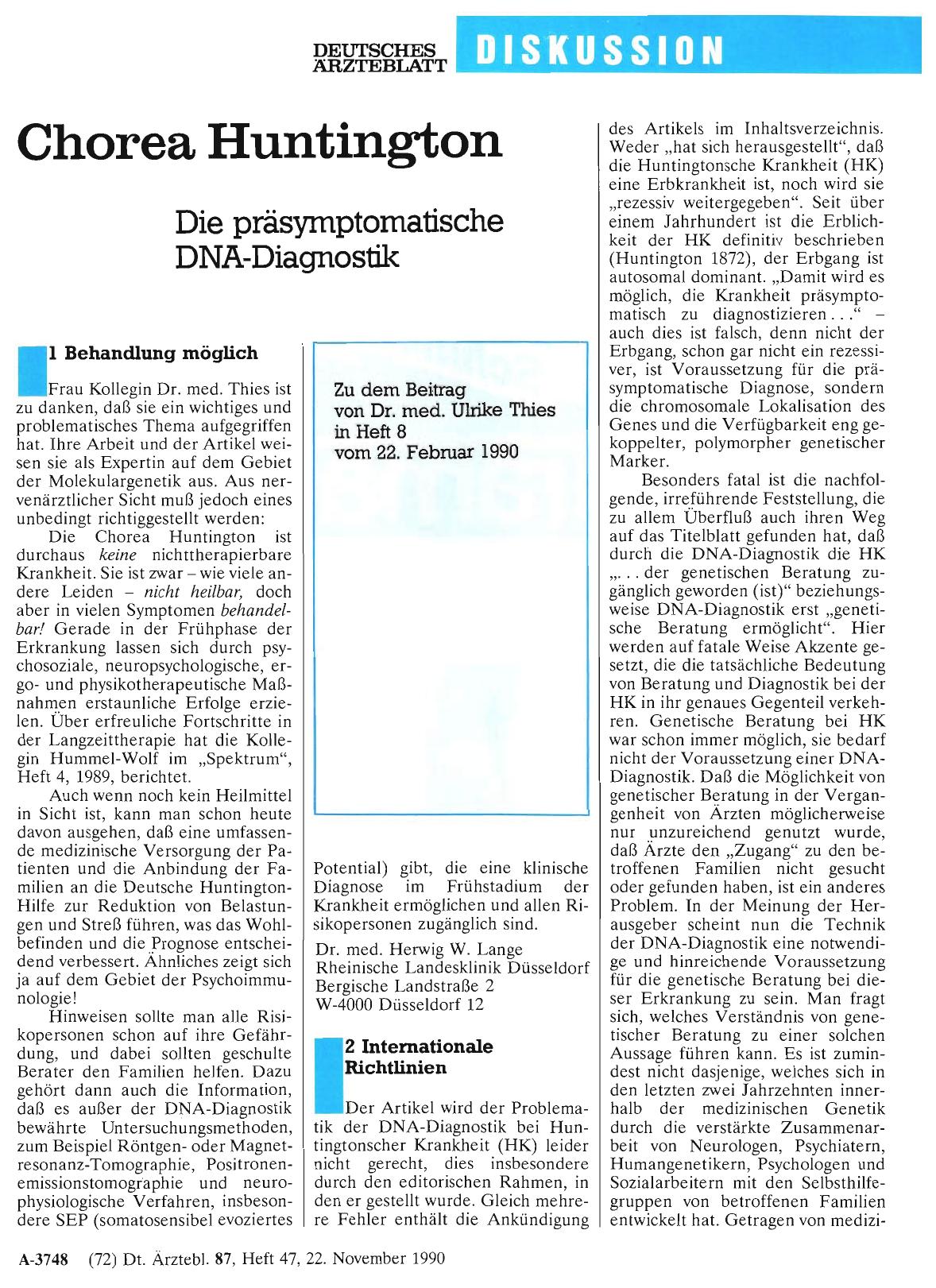 Vorschauseite 1: Chorea Huntington: Die präsymptomatische DNA-Diagnostik: 1 Behandlung möglich
