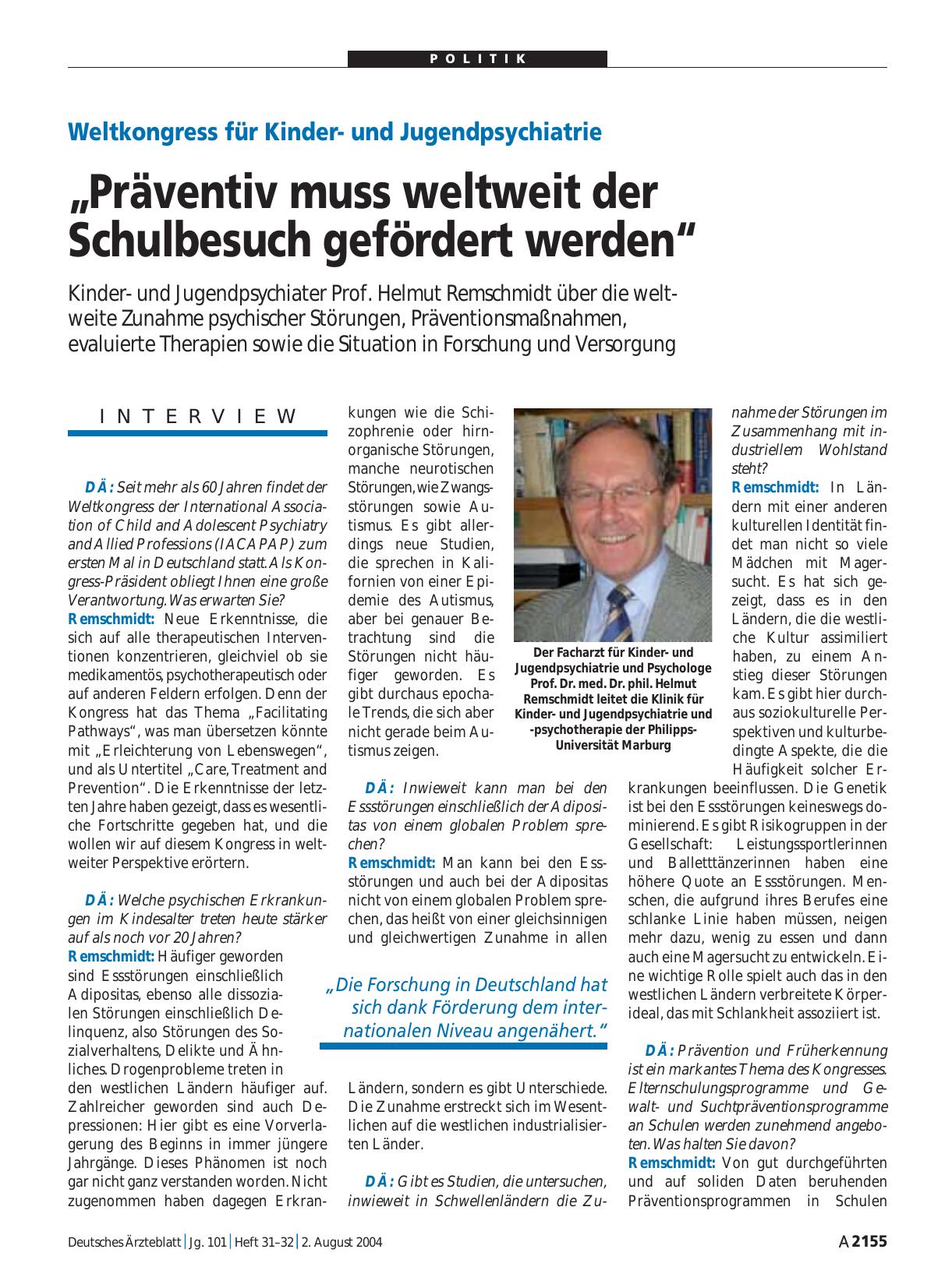 Vorschauseite 1: Weltkongress für Kinderund Jugendpsychiatrie: „Präventiv muss weltweit der Schulbesuch gefördert werden“