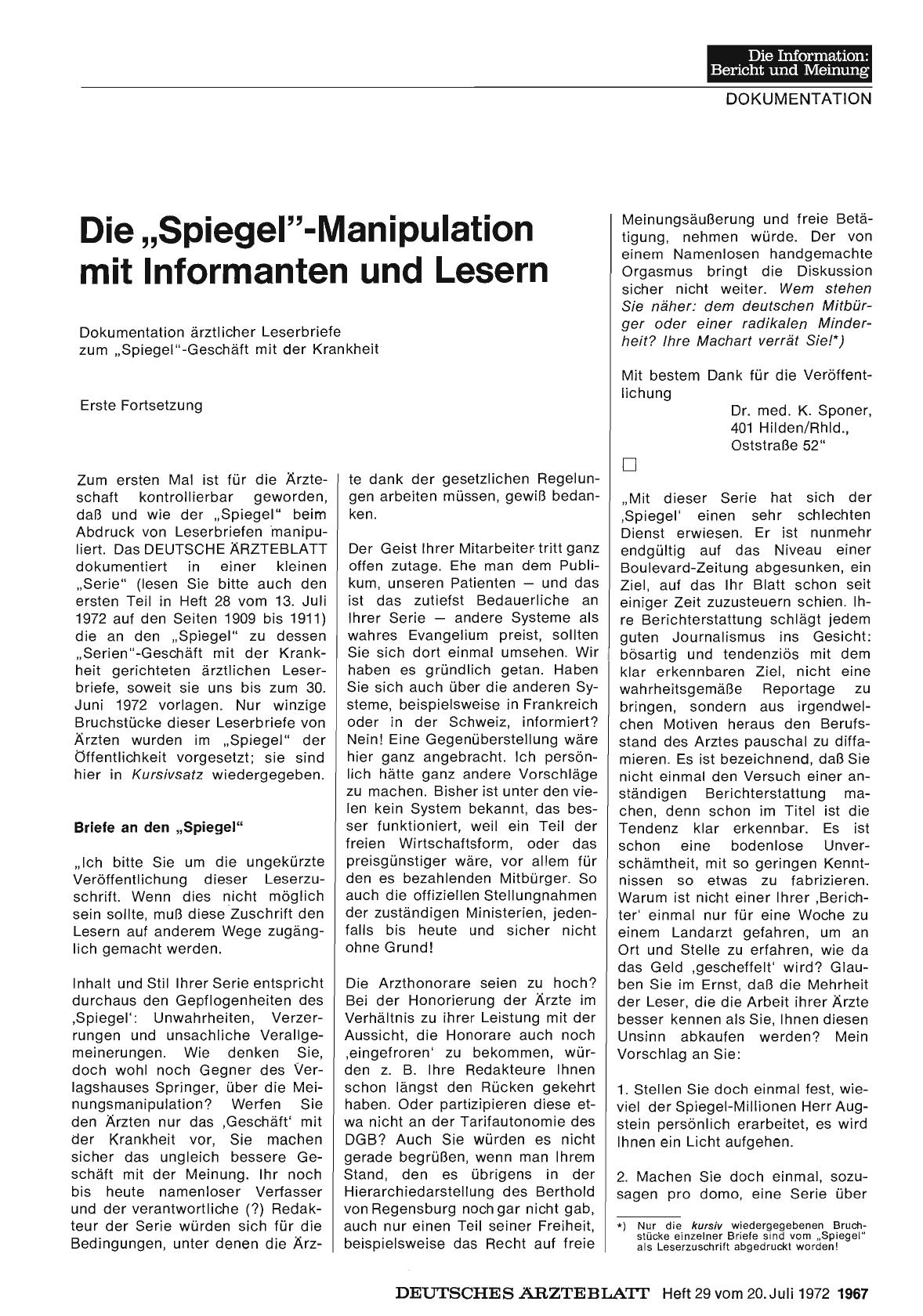 Vorschauseite 1: Die „Spiegel"-Manipulation mit Informanten und Lesern: Dokumentation ärztlicher Leserbriefe zum „Spiegel"-Geschäft mit der Krankheit