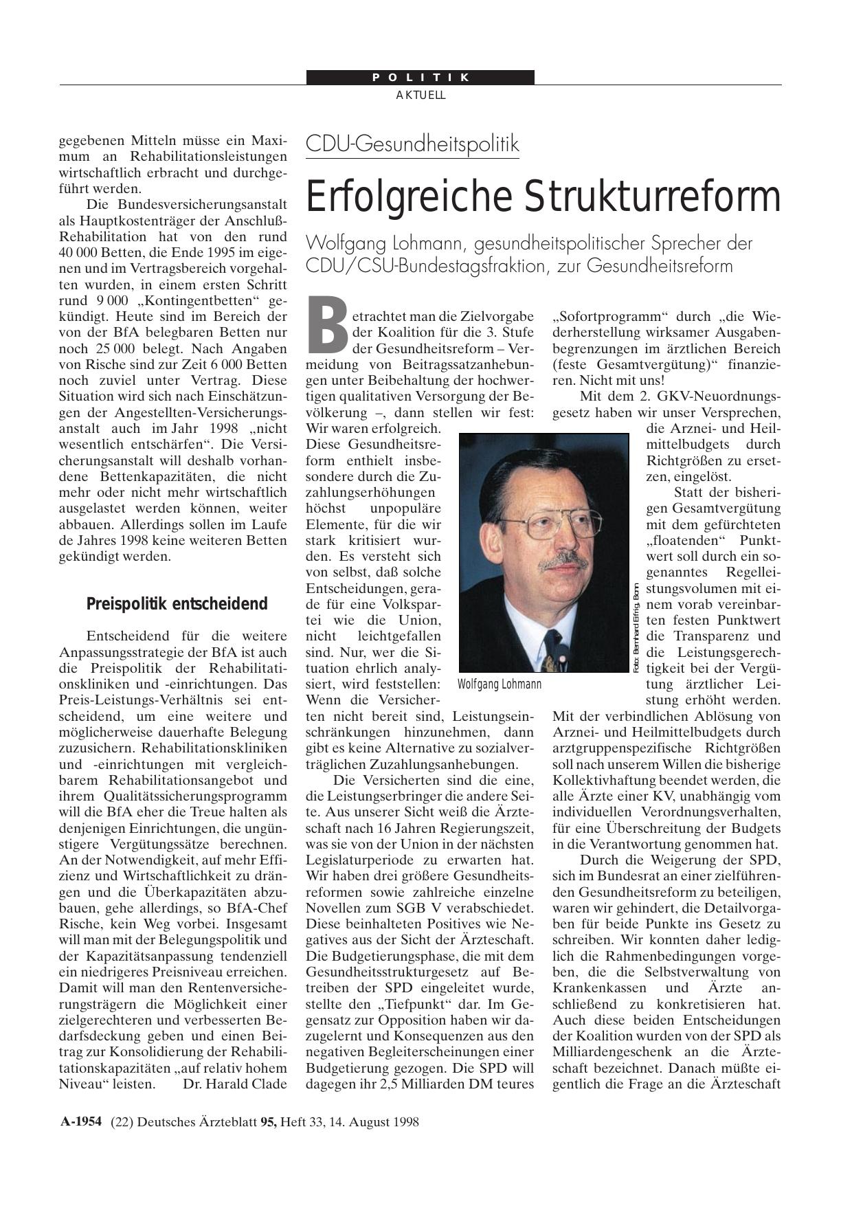 Vorschauseite 1: CDU-Gesundheitspolitik: Erfolgreiche Strukturreform