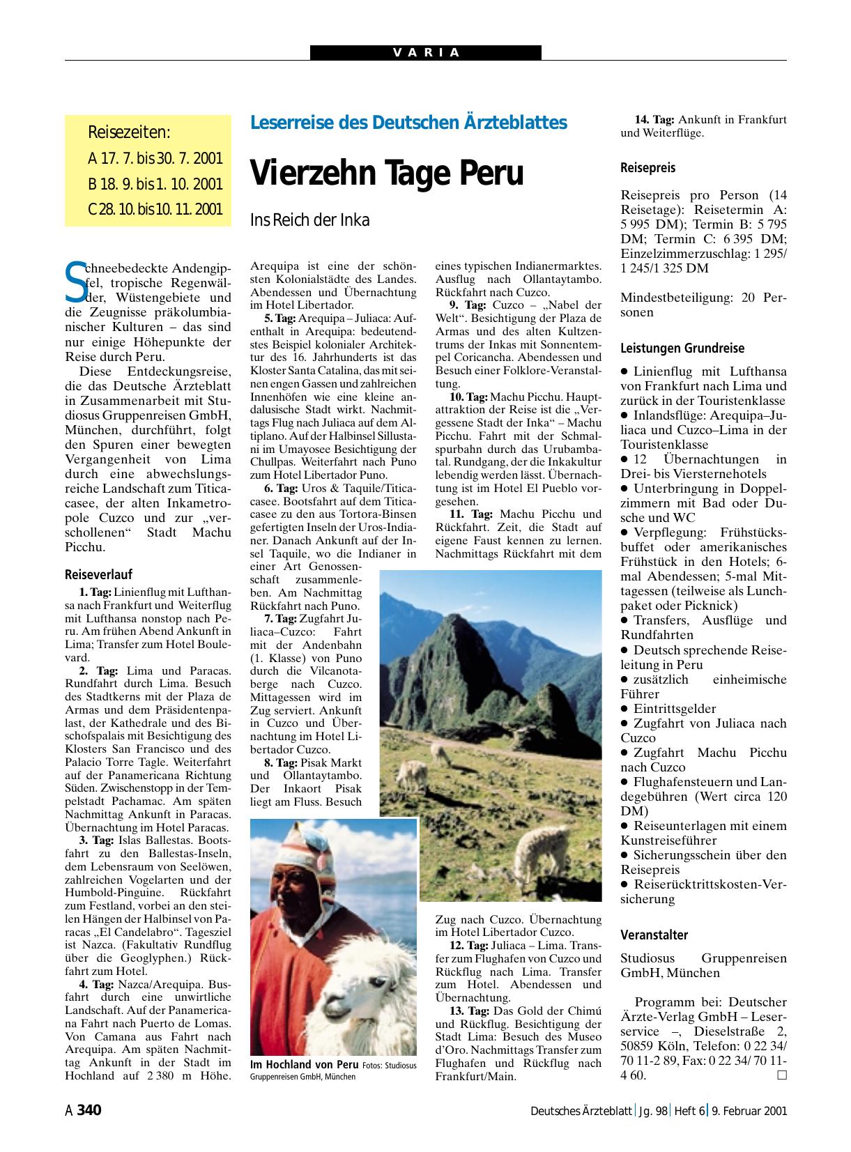 Vorschauseite 1: Leserreise des Deutschen Ärzteblattes: Vierzehn Tage Peru