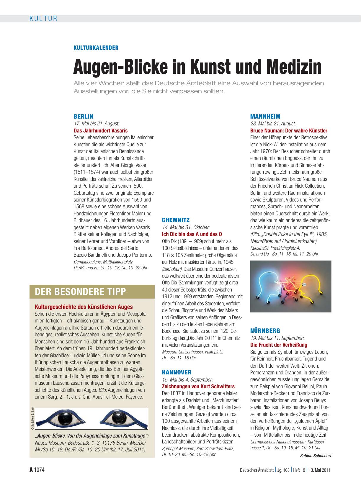 Vorschauseite 1: Kulturkalender: Augen-Blicke in Kunst und Medizin