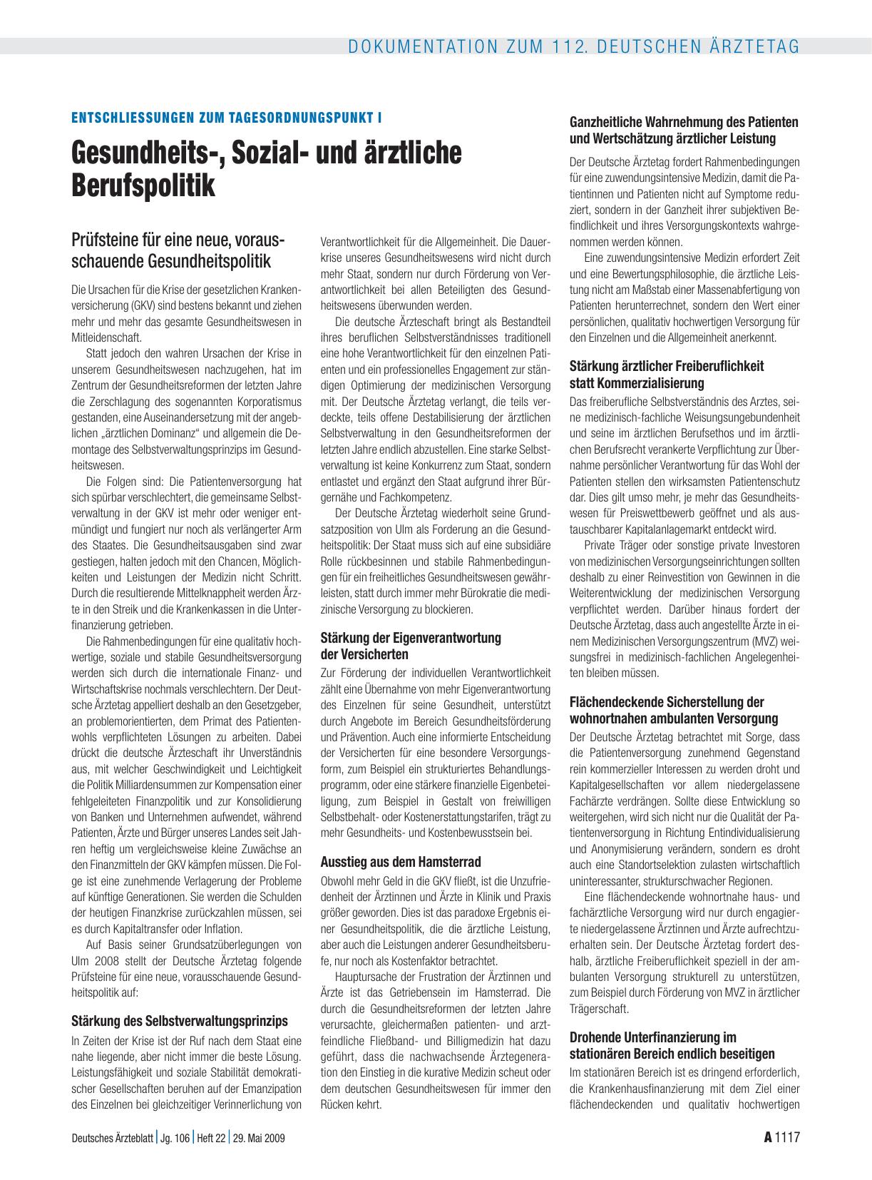 Vorschauseite 1: Entschliessungen zum Tagesordnungspunkt I: Gesundheits-, Sozialund ärztliche Berufspolitik
