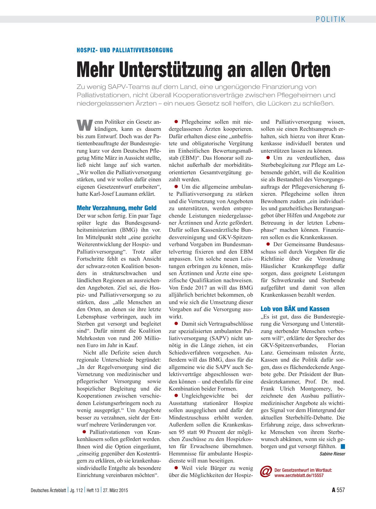 Vorschauseite 1: Hospizund Palliativversorgung: Mehr Unterstützung an allen Orten