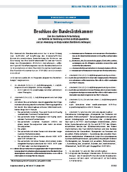 Vorschauseite 1: Beschluss der Bundesärztekammer über die umschriebene Fortschreibung der Richtlinie zur Gewinnung von Blut und Blutbestandteilen und zur Anwendung von Blutprodukten (Richtlinie Hä…