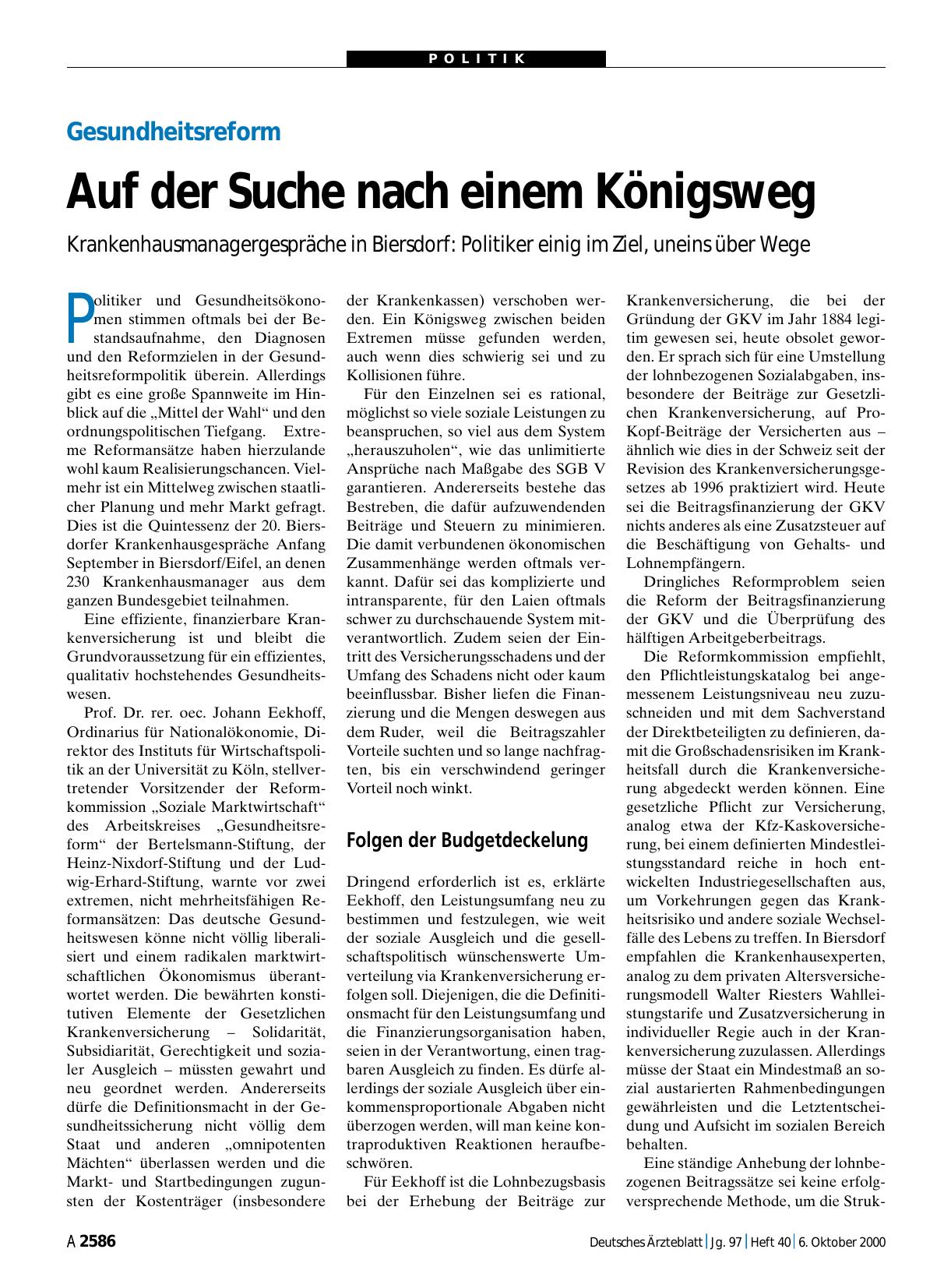 Vorschauseite 1: Gesundheitsreform: Auf der Suche nach einem Königsweg