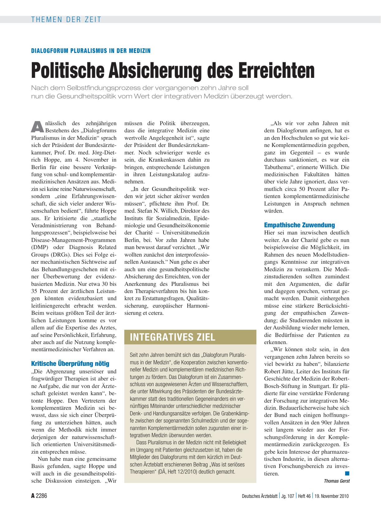 Vorschauseite 1: Dialogforum Pluralismus in der Medizin: Politische Absicherung des Erreichten