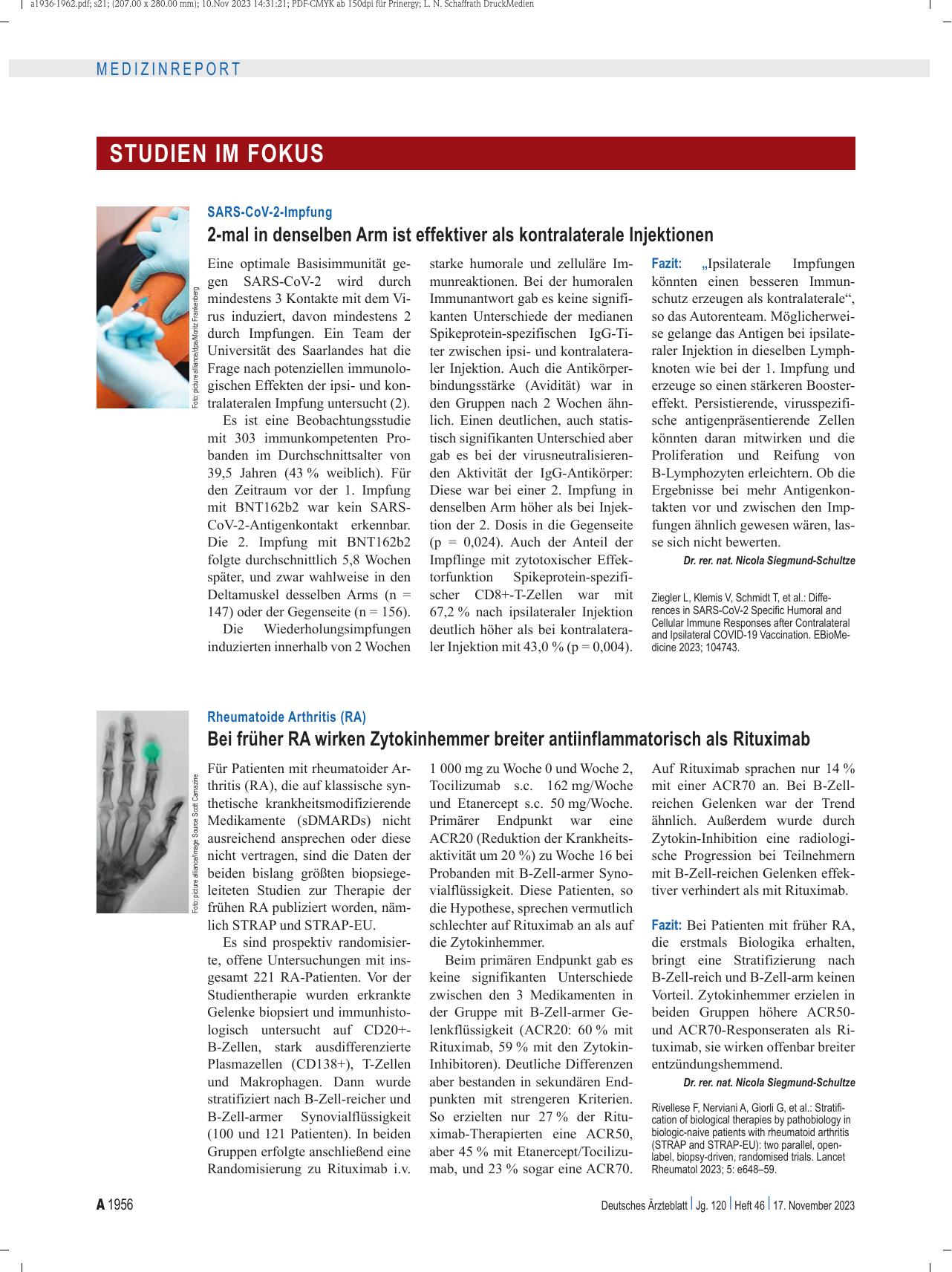Vorschauseite 1: Rheumatoide Arthritis (RA): Bei früher RA wirken Zytokin-Hemmer breiter antiinflammatorisch als Rituximab.