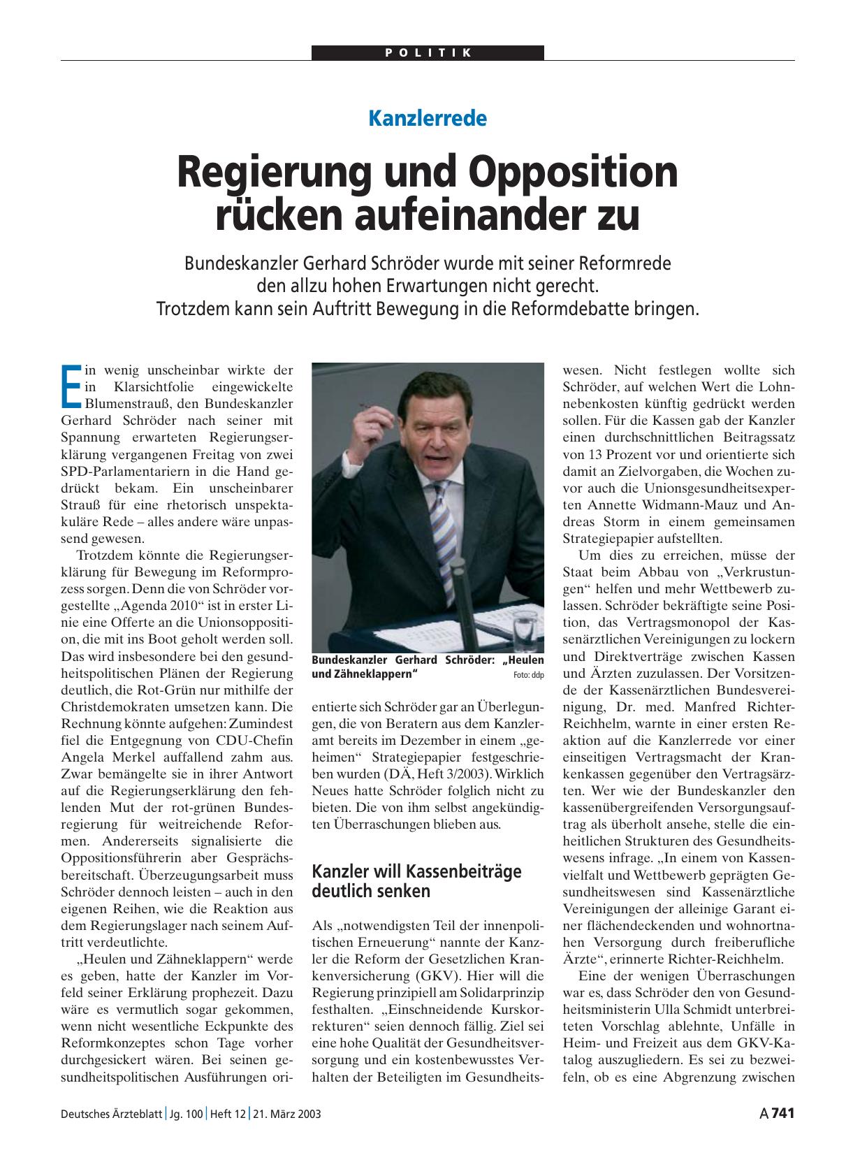 Vorschauseite 1: Kanzlerrede: Regierung und Opposition rücken aufeinander zu