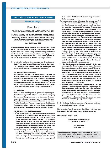 Vorschauseite 1: Beschluss des Gemeinsamen Bundesausschusses über eine Änderung der Richtlinie Methoden vertragsärztliche Versorgung: Stereotaktische Radiochirurgie zur Behandlung von intervention…
