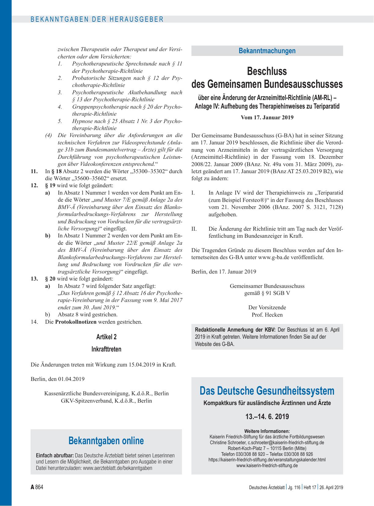 Vorschauseite 4: Nichtbeanstandung von Beschlüssen des Bewertungsausschusses gemäß § 87 Abs. 1 Satz 1 SGB V sowie des Erweiterten Bewertungsausschusses gemäß § 87 Abs. 4 SGB V