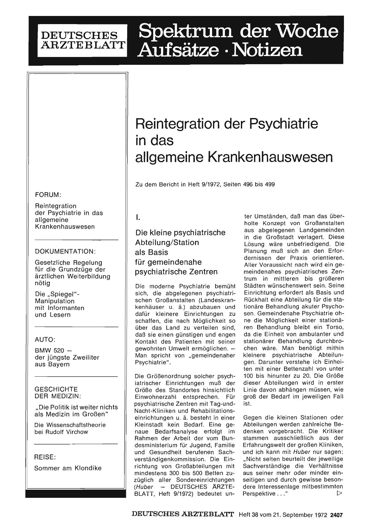 Vorschauseite 1: Reintegration der Psychiatrie in das allgemeine Krankenhauswesen: I. Die kleine psychiatrische Abteilung/Station als Basis für gemeindenahe psychiatrische Zentren