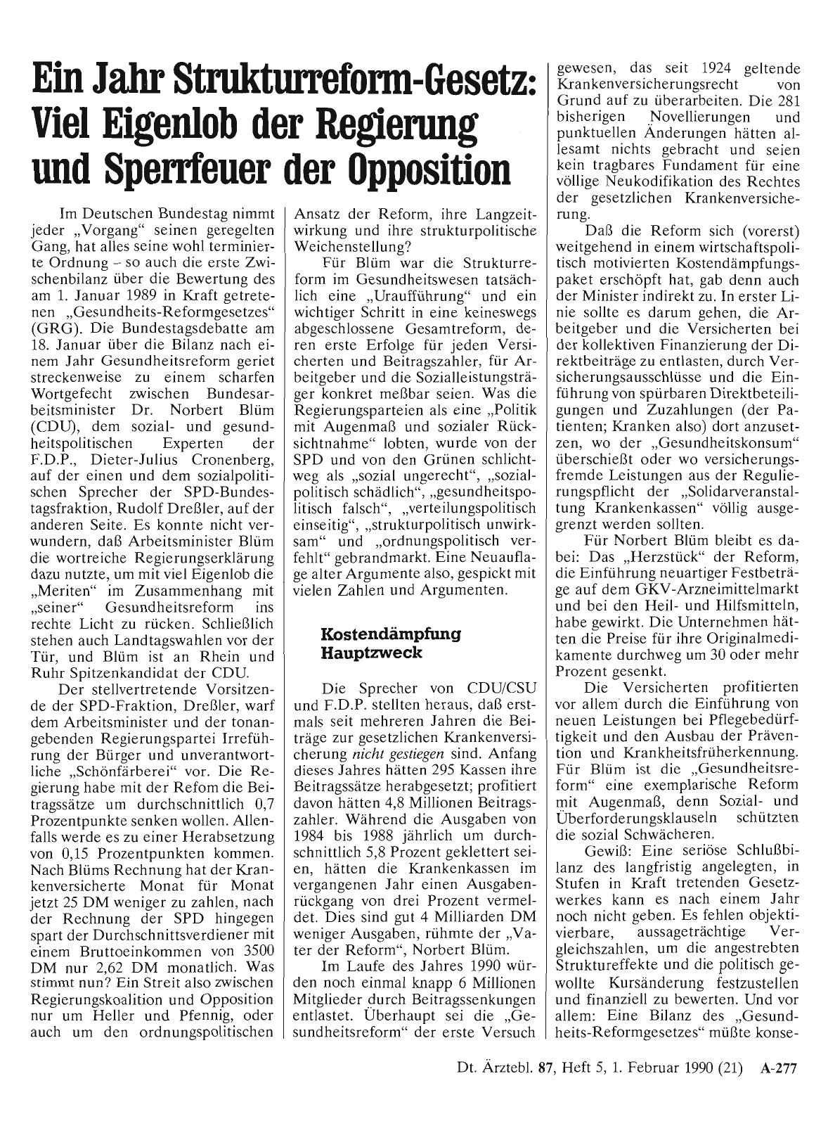 Vorschauseite 1: Ein Jahr Strukturreform-Gesetz: Viel Eigenlob der Regierung und Sperrfeuer der Opposition