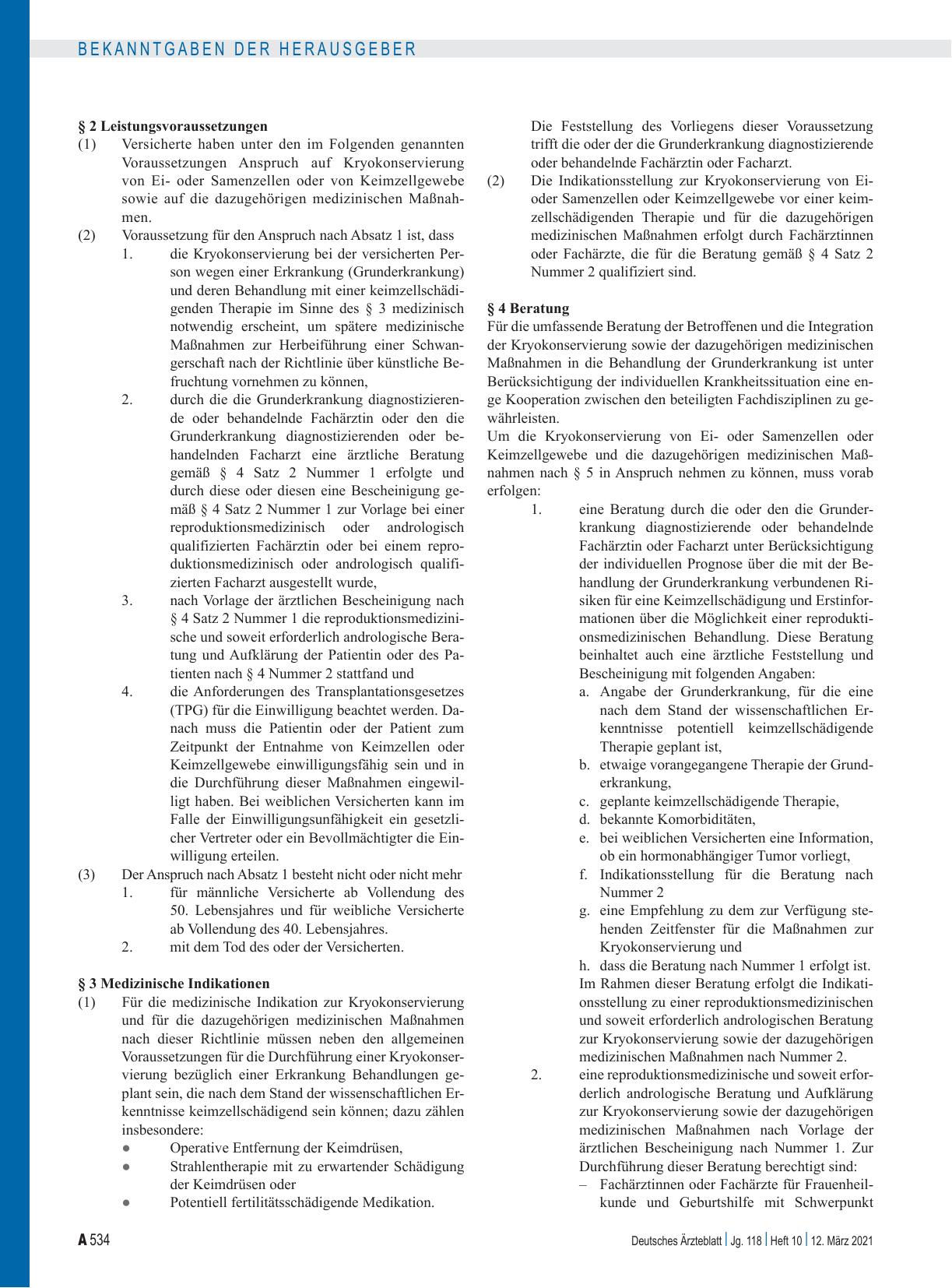 Vorschauseite 2: Bekanntmachung der Richtlinie zur Kryokonservierung von Eioder Samenzellen oder Keimzellgewebe sowie entsprechende medizinische Maßnahmen wegen keimzellschädigender Therapie (Kryo…