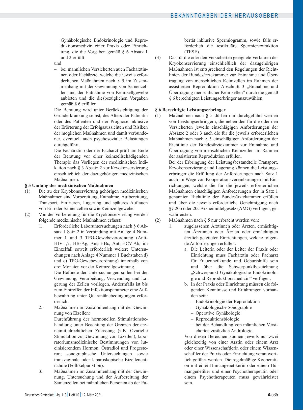 Vorschauseite 3: Bekanntmachung der Richtlinie zur Kryokonservierung von Eioder Samenzellen oder Keimzellgewebe sowie entsprechende medizinische Maßnahmen wegen keimzellschädigender Therapie (Kryo…