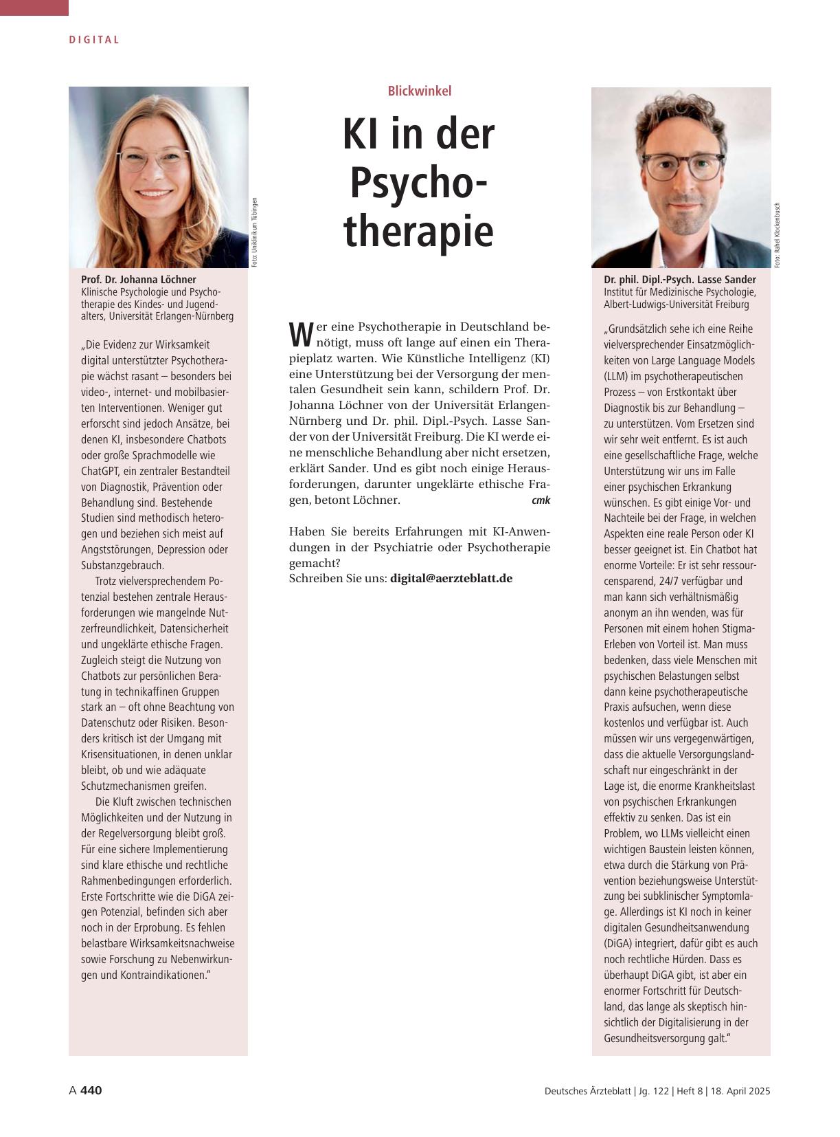 Vorschauseite 1: Blickwinkel: KI in der Psychotherapie