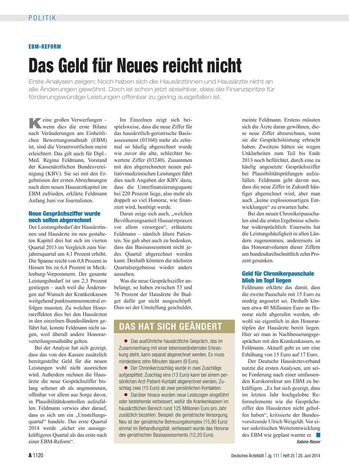 Vorschauseite 1: EBM-Reform: Das Geld für Neues reicht nicht