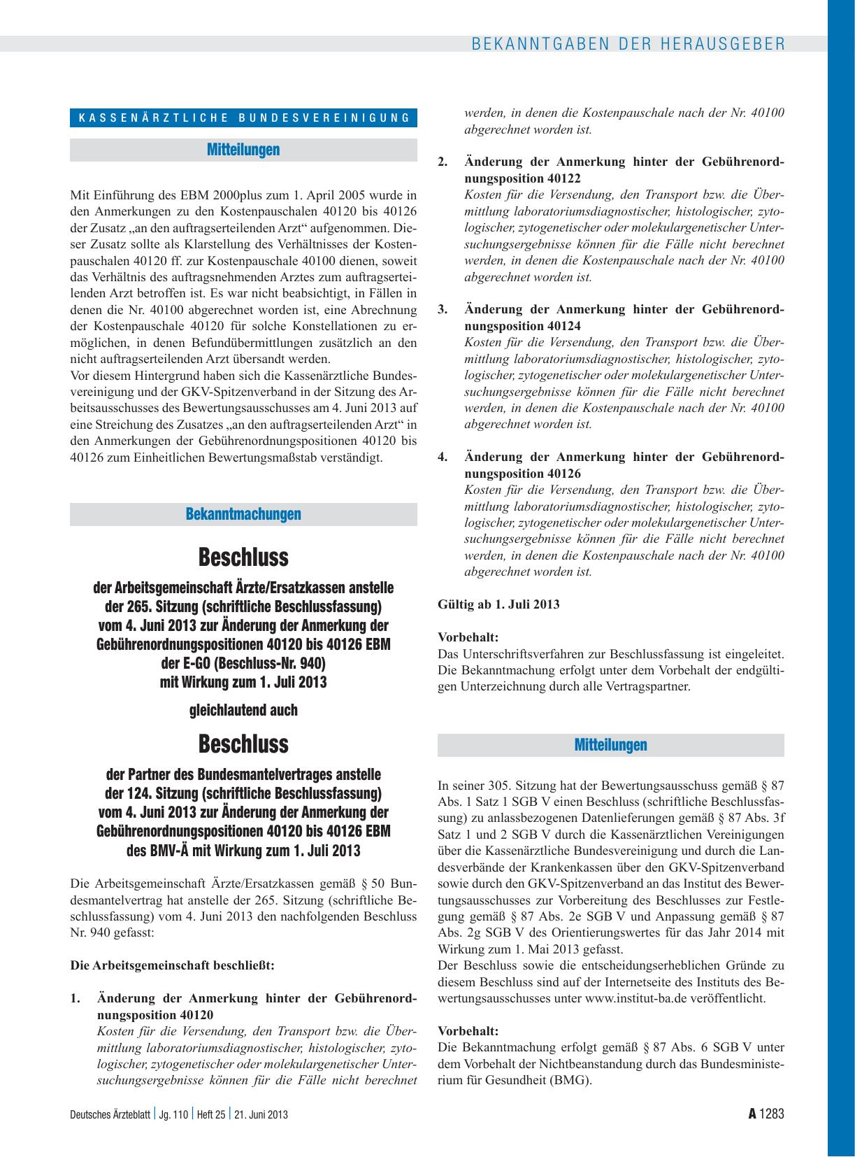 Vorschauseite 1: Beschluss der Arbeitsgemeinschaft Ärzte/Ersatzkassen anstelle der 265. Sitzung (schriftliche Beschlussfassung) vom 4. Juni 2013 zur Änderung der Anmerkung der Gebührenordnungsposi…