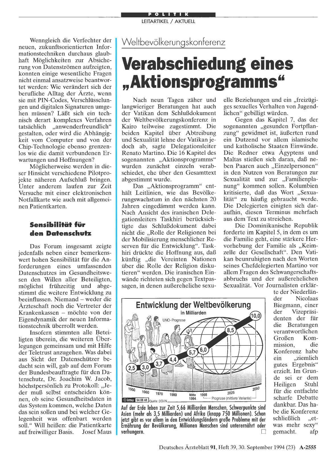 Vorschauseite 1: Weltbevölkerungskonferenz: Verabschiedung eines „Aktionsprogramms“